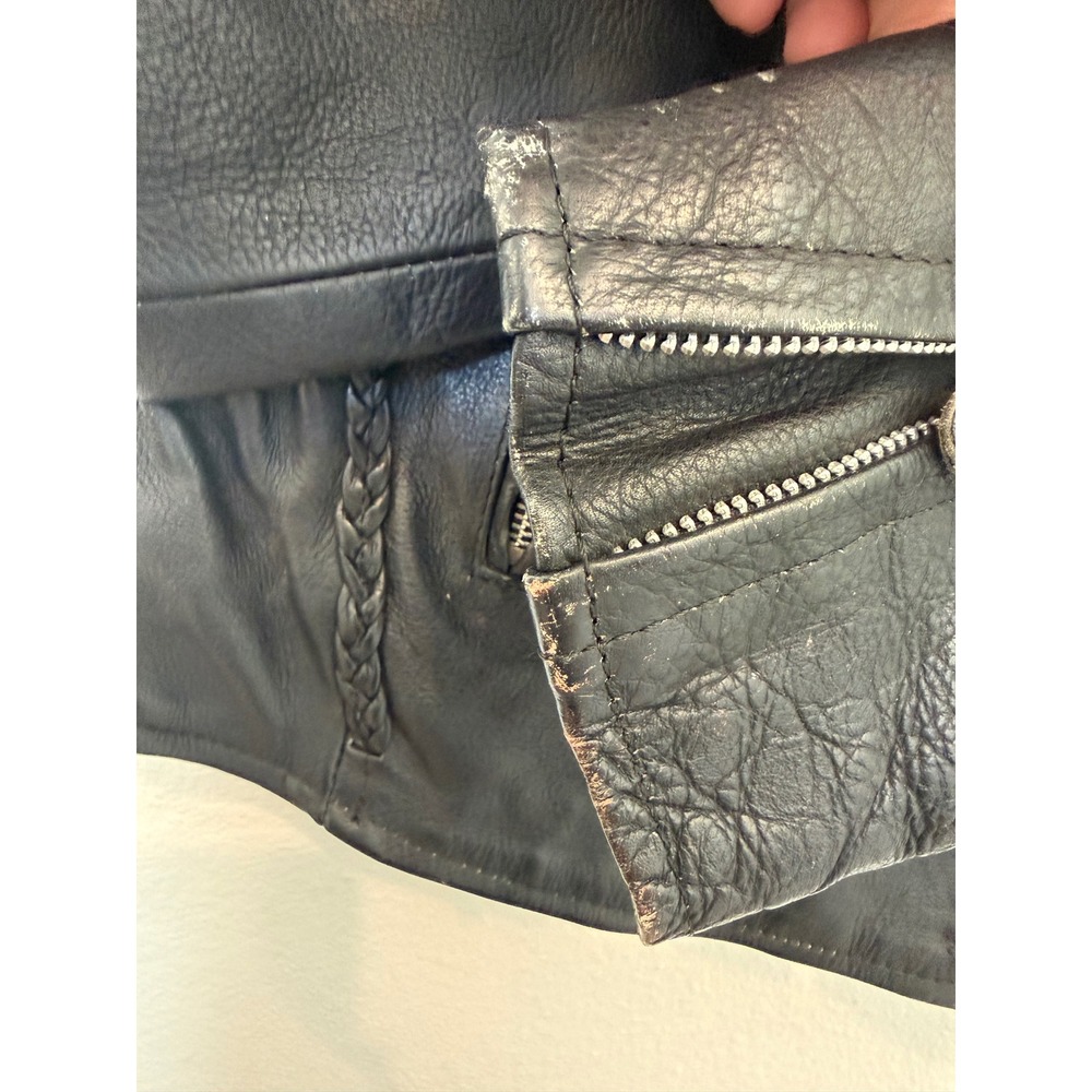 Black Genuine Leather Biker Jacket Braided Trim Studded Waist Womens Med Moto - Picture 4 of 11